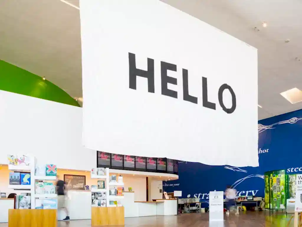 Welcome area at Firstsite. 'Big Hello' (2018) Peter Liversidge. Photo by Jayne Lloyd. Welcome area at Firstsite. 'Big Hello' (2018) Peter Liversidge. Photo by Jayne Lloyd.