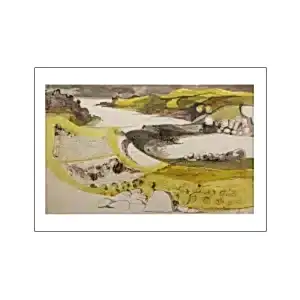 Painting print of Denis Wirth-Miller depicting rocks in a Welsh landscape with hills and a river in between.