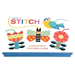 Colourful box packaging for Learn to Stitch activity depicting illustrations of flowers, a bird and a butterfly.