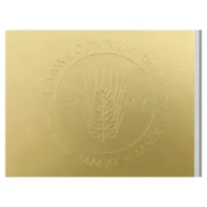 A close up of the embossed logo on the front of the book
